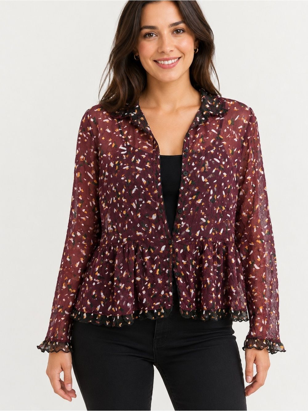 Lisa Bayne Sheer Mesh Button Front Blouse XXL Burgundy Black Ruffle Hem